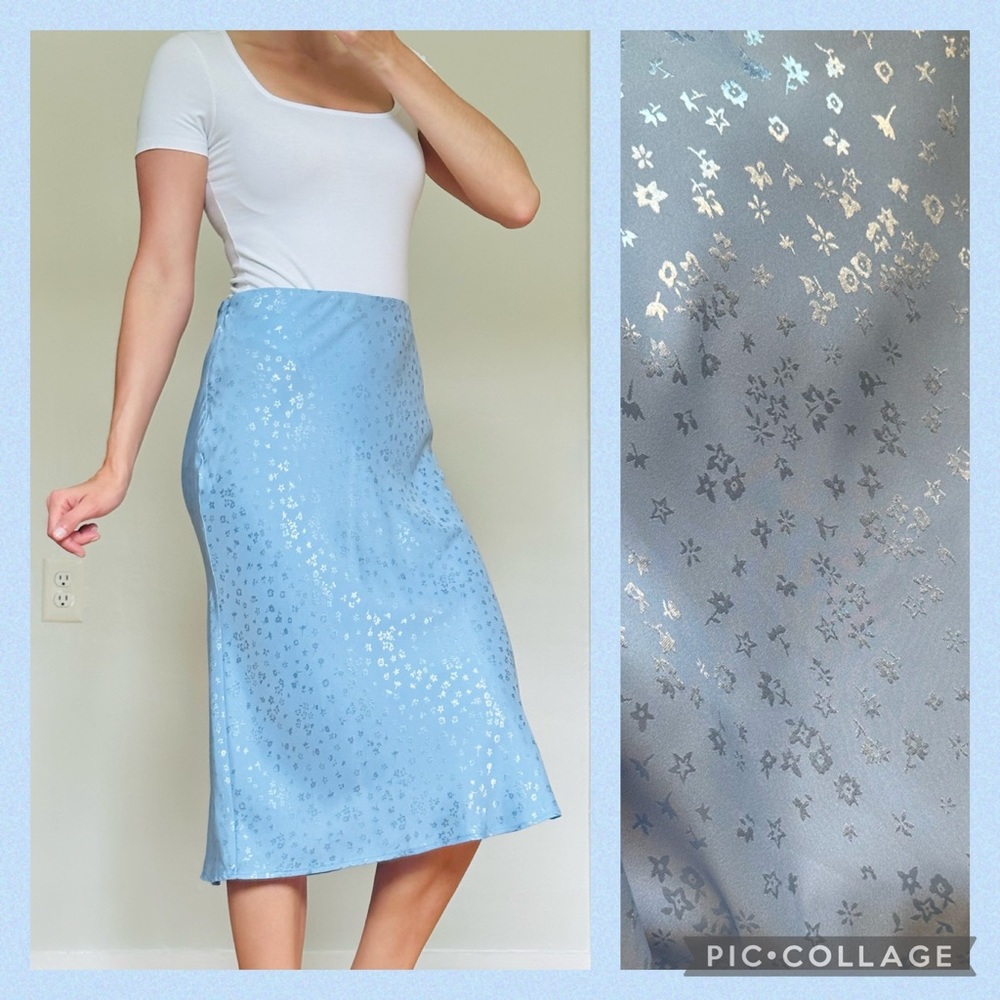 F21 Periwinkle Blue Silky Satin Floral Midi Skirt